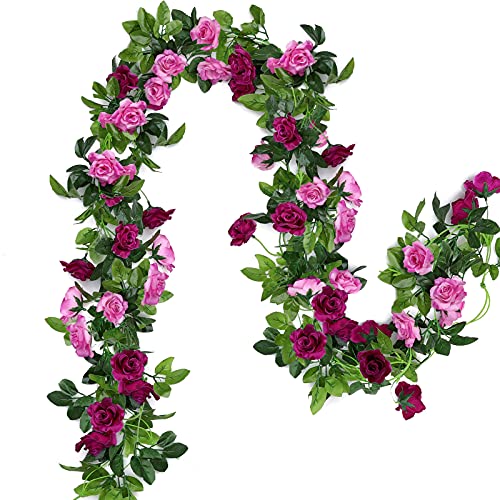 Floweroyal 2 Pack Artificial Flower Garlands 15.8FT Fake Rose Vines Silk Flowers Hanging Rose Ivy for Wedding Arch Party Home Garden Wall Decor (Fuchsia) - color: Fuchsia, size: 2pcs