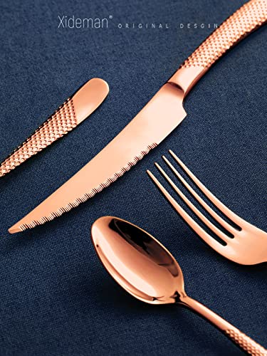 16-Piece Modern Copper Hammered Silverware Set with Ultra Sharp 2-IN-1 Serrated Knife, Rose Gold 18/10 Stainless Steel Flatware Set, Utensil Cutlery Set for 4 Person, Forks Spoons Knives Set - color: Copper