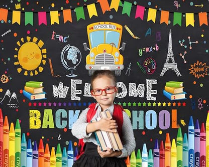 Welcome Back to School Backdrop 10x8ft Cartoon School Bus Photo Background for Photoshoot Fabric Photography Backdrop Online Teaching Background Teachers Students Photocall Backdrop - color: School Bus, size: 10x8ft
