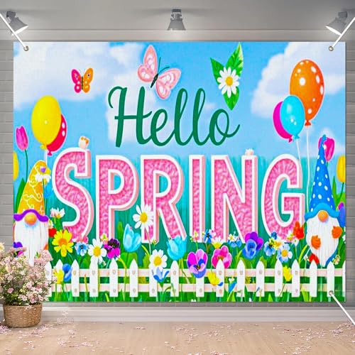 BlissYard Spring Gnome Backdrop 8x6ft Hello Spring Garden Party Background Cute Cartoon Gnome Photography Backdrop for Spring Festival Easter Celebration Birthday Classroom Photo Booth Decor - color: Hello Spring Backdrop#02