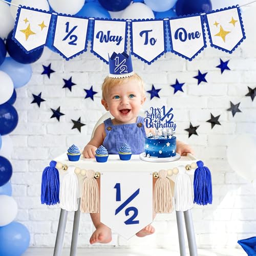 1/2 Birthday Blue Half Birthday Decorations - Blue Star It's My 1/2 Birth Banner, Glitter Cake Topper Tassel Wood Bead High Chair Banner & Crown, Hat Halfway to One Boy Girl Party Supplies - color: Star Blue