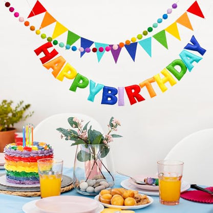 3 Pcs Pre-Strung Happy Birthday Banner, Felt Ball Garland, Pennant Triangle Flags, Rainbow Party Decorations, HAPPY BIRTHDAY Garland, Personalized Holiday Sign for Birthday Decor, Party Supplies, Photo Prop ( Felt Banner + Pennant Flags + Rainbow Balls) -