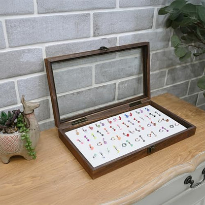 MOOCA Temper Glass Top Jewelry Display Case with Tempered Glass Lid and 54 Clip Body Jewelry Display Pad for Belly Button Rings, Tongue Rings, and Industrial Barbell Organizer, Brown Tray-White Pad - color: White Pad with Brown Wood Case