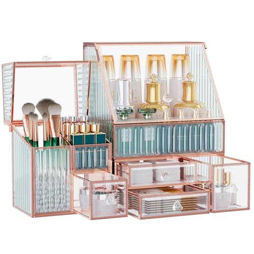 Youdepot Glass Makeup Organizer - Multi-Functional 3-in-1 Cosmetic Organizer for Skincare, Lipstick, Brushes - Vanity Organizer & Bathroom Organizer - color: Gold