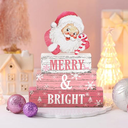 Geelin 4 Pcs Christmas Wooden Tabletop Decor Pink Winter Santa Tiered Tray Decor Christmas Centerpiece Rustic Decorative Block Signs Gift Farmhouse Table Decoration for Home Kitchen - style: Santa
