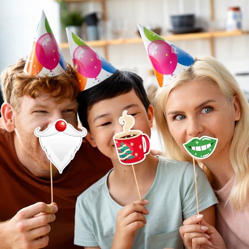 Christmas Photo Booth Props Kit, 24Pcs Fun Photo Props & Selfie Frame for Christmas Photos Decoration, Funny Santa & Gingerbread Photo Props for Xmas Holiday Party Decoration