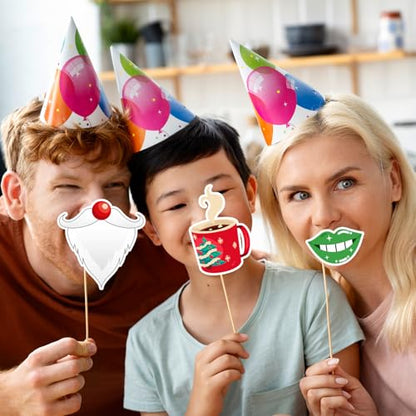 Christmas Photo Booth Props Kit, 24Pcs Fun Photo Props & Selfie Frame for Christmas Photos Decoration, Funny Santa & Gingerbread Photo Props for Xmas Holiday Party Decoration