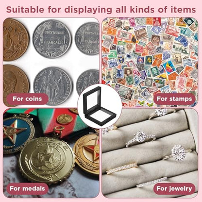 60PCS 3D Floating Frame Case, 2.8" x 2.8" x 0.8" Coin Frame Display Holder Stands, Black Antique Challenge Coin Display for Jewelry, Shells, Gems, Minerals, Rocks, Specimen and Pins