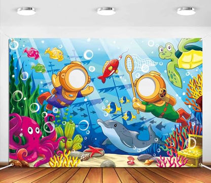 Cartoon Undersea Diving Face in Hole Backdrop 5 x 3.3 ft, Underwater World Diver Face Cutout Photo Props, Seabed Shipwreck Treasure Marine Life Photography Background for Kids Boys