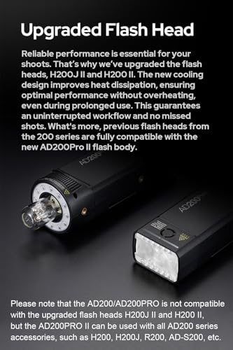 Godox AD200Pro II 200ws TTL Pocket Flash, Multi-Head System, Improved Heat Dissipation, 0.01-1.8s Recycling 1/512-1/1 Output 500 Full Power Flashes, Bi-Color Modeling Light, Color Screen & Indicator