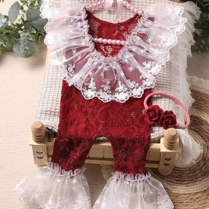 Newborn Photography Outfits Girl Newborn Photography Props Newborn Girl Lace Romper Headress Infant Princess Costume - color: Claret