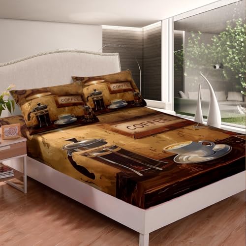 Feelyou Coffee Bed Sheets Set Full Size Coffee Theme Bedding Set for Kids Boys Girls Coffee Drink Cup Sheets with Deep Pocket Fitted Sheet Enjoyable Bedding Set - color: Auburn, size: Full