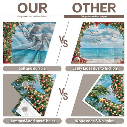 10x8ft Fabric Christmas Beach Backdrop Summer Xmas Tree Snowman Arch Seagull Tropical Hawaiian Photography Background Family Holiday Party Decor Photo Props - size: 10'x8'