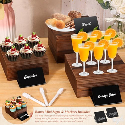 Qinzave 7 Pack Wooden Risers Display Stands with Acrylic Maker Pen and Mini Sign, Food Risers for Buffet Table Shelf Display Stand for Party Catering Dessert Cupcake Jewelry - size: 8.8" 8" 7" 6.5" 6" 5" 5"