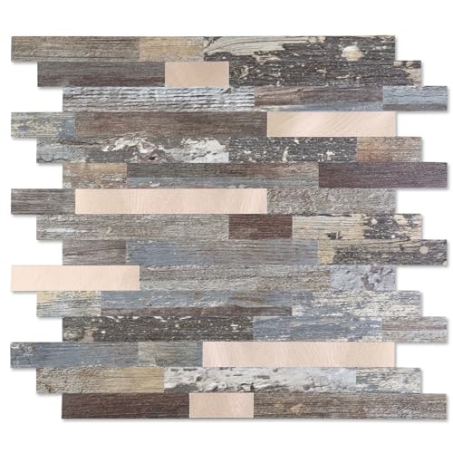 Yipscazo 10 Sheets Peel and Stick Stone Metal Tile Backsplash, Stick on Tiles for Backsplash Kitchen, Bathroom, Laundry Room, Camper, Fireplace (12'' X 12'', Mix Rustic with Gold) - color: Mix Rustic With Gold
