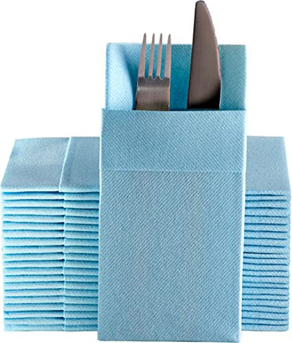 Moyes Home Baby Blue Disposable Dinner Napkins with Pocket - Linen-Feel Pre-Folded Cloth-Like Paper Napkins for Silverware, Weddings, Dinner Parties, 16x16 in, Pack of 50 - color: Baby Blue