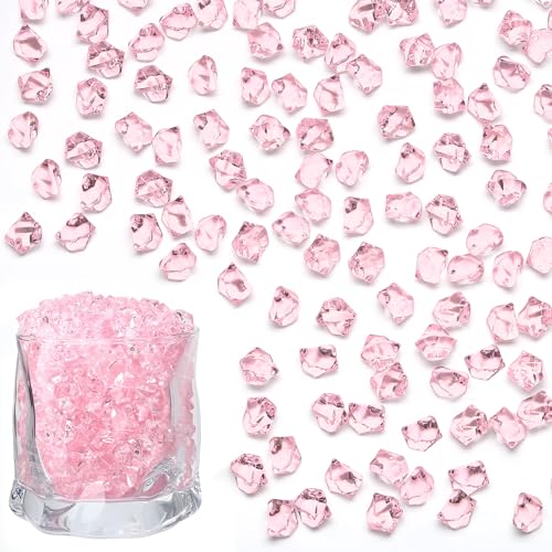 LAIDANLA 500PCS Pink Acrylic Gems Fake Ice Cubes Pink Vase Fillers Plastic Diamonds Fake Crushed Rocks for Centerpiece DIY Party Table Scatter Prop Wedding Decoration Accessories - color: Pink
