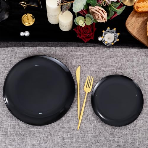 PULOTE 200PCS Black Plastic Plates - Heavy Duty Black Disposable Include 100 Each (10 inch Dinner & 7 inch Dessert) Plates, Disposable for Party, Birthday & Graduation - color: Black, size: 200 Pcs