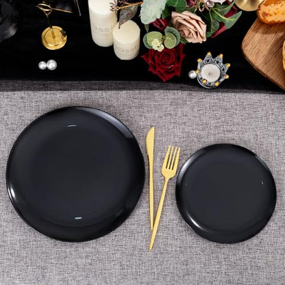 PULOTE 200PCS Black Plastic Plates - Heavy Duty Black Disposable Include 100 Each (10 inch Dinner & 7 inch Dessert) Plates, Disposable for Party, Birthday & Graduation - color: Black, size: 200 Pcs