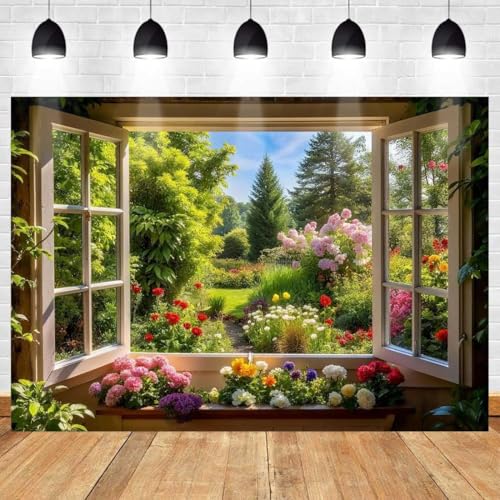 Spring Summer Garden Window Backdrop for Photography Floral Nature Landscape Photo Background Flowers and Trees Vibrant Flowers Party Decorations Banner Wedding Baby Shower Party Supplies 9x6ft - size: 9X6FT