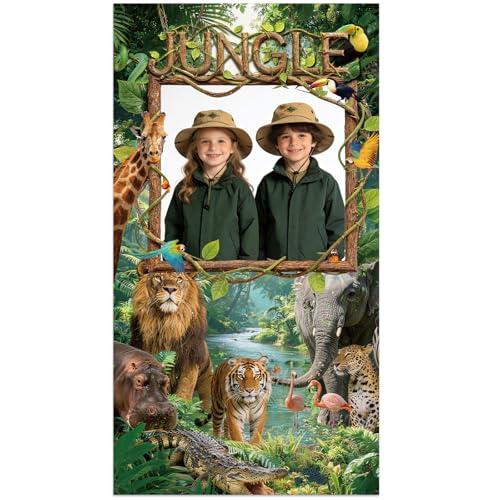 Jungle Animals Backdrop Jungle Party Decorations Safari Photo Backdrop Rain Forest Adventure Scenic Photography Background Banner for Large Wild Animals Party Supplies Wild Rainforest Photo Booth Prop - style: Jungle Animals