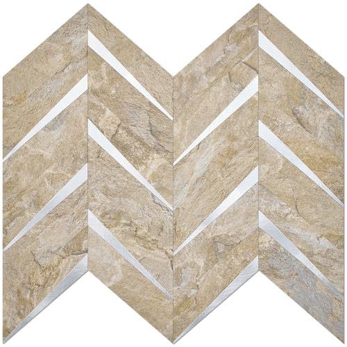 DICOFUN 10-Sheet Sandstone Look Herringbone Peel and Stick Backsplash for Kitchen, PVC Mixed Metal Gold Chevron Stick on Backsplash Wall Tiles - color: Sandstone and Metal Silver, size: 10 Sheets, 12"x12"x0.12"
