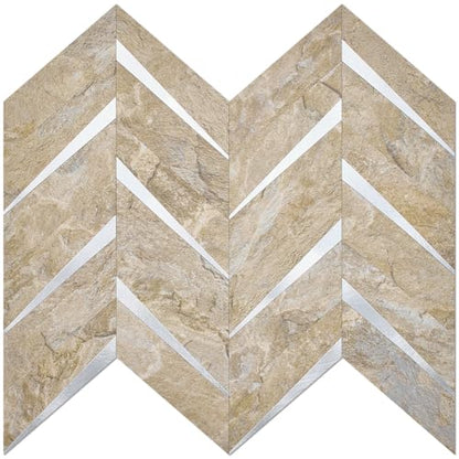 DICOFUN 10-Sheet Sandstone Look Herringbone Peel and Stick Backsplash for Kitchen, PVC Mixed Metal Gold Chevron Stick on Backsplash Wall Tiles - color: Sandstone and Metal Silver, size: 10 Sheets, 12"x12"x0.12"