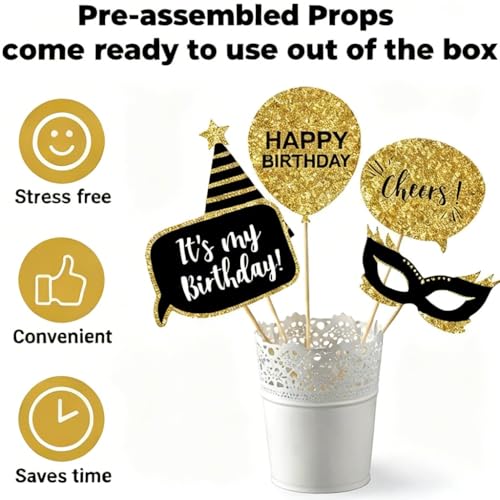 30 Pcs Gold and Black Birthday Photo Booth Props Kit, Happy Birthday Decorations, Funny Selfie Photo Props for 40th 50th 60th Birthday Graduation Wedding Party Supplies - style: Party Birthday Props-Gold