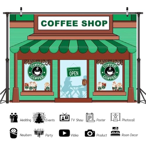 8x6ft Coffee Shop Backdrop for Photography Green Stripes Booth Decoration Props Ice Cream Background for Cake Smash Backdrops Children Birthday Portrait Banner - size: 8x6ft