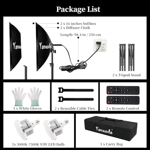 40x40cm Professional Softbox Lighting Kit - 95W LED Bulb (3000-7500K, E27) - Studio Light for Photography, Video Recording, Live Streaming, Portrait Shooting - size: 16"x16" 2pk