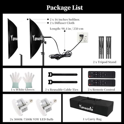 40x40cm Professional Softbox Lighting Kit - 95W LED Bulb (3000-7500K, E27) - Studio Light for Photography, Video Recording, Live Streaming, Portrait Shooting - size: 16"x16" 2pk