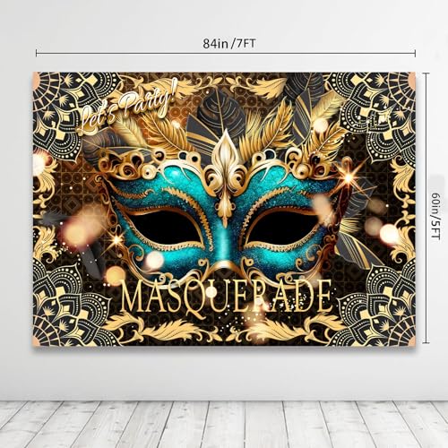 Masquerade Backdrop, Mardi Gras Luxury Glitter Gold Retro Backdrops for Ball Dance Mask Birthday Party Photography Decorations Supplies Favors Banner Photo Booth Props, 7 x 5 ft - size: 7x5ft