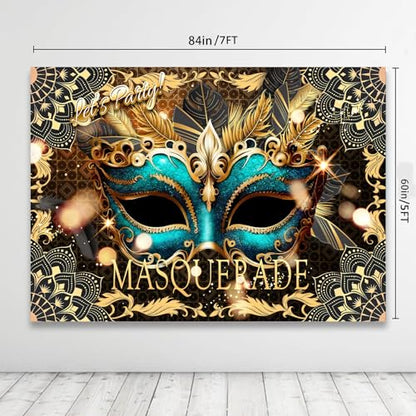 Masquerade Backdrop, Mardi Gras Luxury Glitter Gold Retro Backdrops for Ball Dance Mask Birthday Party Photography Decorations Supplies Favors Banner Photo Booth Props, 7 x 5 ft - size: 7x5ft