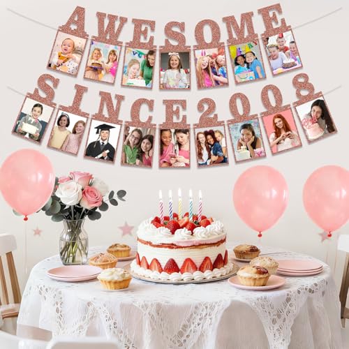 Pre-strung Awesome Since 2008 Photo Banner Birthday Decorations for Girls Women- Pink Rose Gold Glitter Happy 18th Birthday and Anniversary Decorations Party Supplies - style: Pink Rose Gold 18th