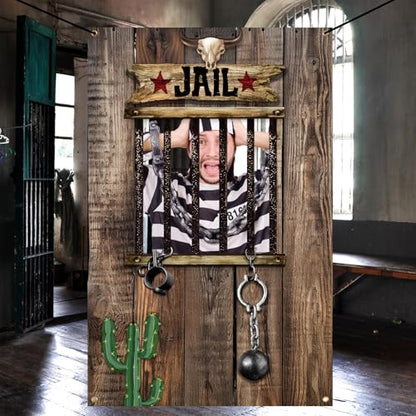 Lunmon Wood Jail Backdrop for Photography 6 x 4 ft Prison Cell Photo Prop with Head Cutout Western Prison Backdrop Jail Photo Background for Murder Mystery Crime Scene Party Halloween Jail Prison - color: Wood Jail Prison