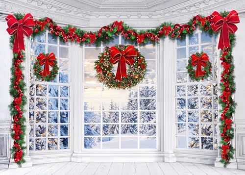 9x6Ft Christmas Window Backdrop for Photography Holy Garland String Lights Santa Claus Background Winter Snow Scene Merry Christmas Photo Backdrop Studio Props Banner - size: 9X6Ft