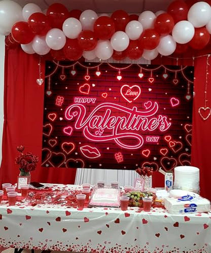 Valentines Banner Backdrop 7x5FT Red Glitter Heart Neon Valentine's Day Photography Background Valentines Theme Party Decorations Photo Props