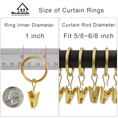 WeeksEight 100 Pack Gold Curtain Rings with Clips, Curtain Hooks Hangers Clip Rings for Hanging Drapes Bows Hat, Drapery Rings 1 in I D, Fits up to 5/8 in Diameter Curtain Rod. - color: Gold, size: 1" I D Set of 100
