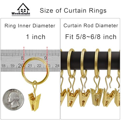 WeeksEight 100 Pack Gold Curtain Rings with Clips, Curtain Hooks Hangers Clip Rings for Hanging Drapes Bows Hat, Drapery Rings 1 in I D, Fits up to 5/8 in Diameter Curtain Rod. - color: Gold, size: 1" I D Set of 100
