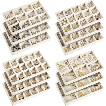 Junkin 12 Pcs Jewelry Tray Velvet Stackable Jewelry Organizer Trays Divided Earring Accessories Storage Containers Box (Rose Red) - color: Beige