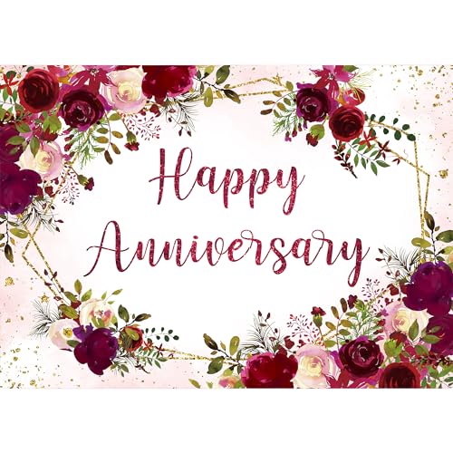 Happy Anniversary Backdrop 8Wx6H Feet Polyester Fabric Elegant Burgundy Floral Watercolor Rose Plant Green Leaves Gold Glitter Decoration Romantic Photography Background Photo Shoot Props - color: B-01Anniversary(Burgundy), size: 8Wx6H