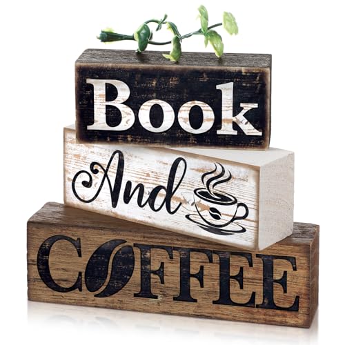 Moucuny 4 Pcs Farmhouse Table Decor Rustic Wooden "book and Coffee" Stacked Block Sign - Vintage Farmhouse Tiered Tray Decor with Coffee Cup & Bean Design, Perfect for Home Office Bookshelf Display - style: Coffee
