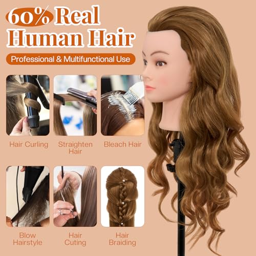 28Inch Mannequin Head with 80% Real Human Hair - Doll Head for Hair Styling Braiding Curling,Cosmetology Mannequin Head with hair with Table Clamp Hair Styling Set (Blonde) - color: 27B#