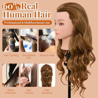 28Inch Mannequin Head with 80% Real Human Hair - Doll Head for Hair Styling Braiding Curling,Cosmetology Mannequin Head with hair with Table Clamp Hair Styling Set (Blonde) - color: 27B#