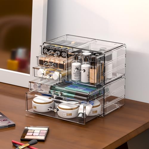 Cq acrylic 2 Pack Clear Desk Organizer With Drawers,Stackable 6 Drawers Skincare Organizer,Cute Skin Care Organizers for Vanity Hair Clip,Jewelry,Beauty Product Desk and Makeup Organizers Countertop - size: Large 6 Drawers