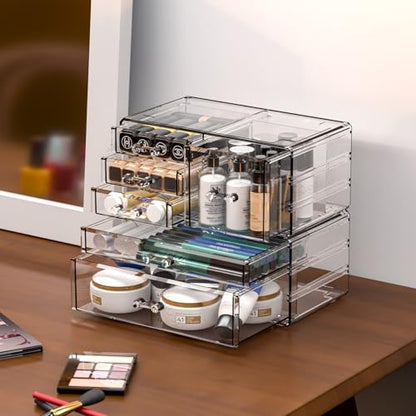 Cq acrylic 2 Pack Clear Desk Organizer With Drawers,Stackable 6 Drawers Skincare Organizer,Cute Skin Care Organizers for Vanity Hair Clip,Jewelry,Beauty Product Desk and Makeup Organizers Countertop - size: Large 6 Drawers