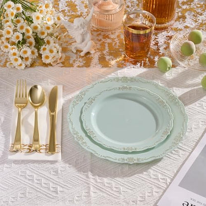 Fijinhom175 PCS Green Disposable Plates, Elegant Dinnerware Set for 25 Guests, 50 Plastic Plates, 75 Silverware, 25 Cups & 25 Paper Napkins, Green - color: Green Gold Pattern, size: 25 Guests-175pcs