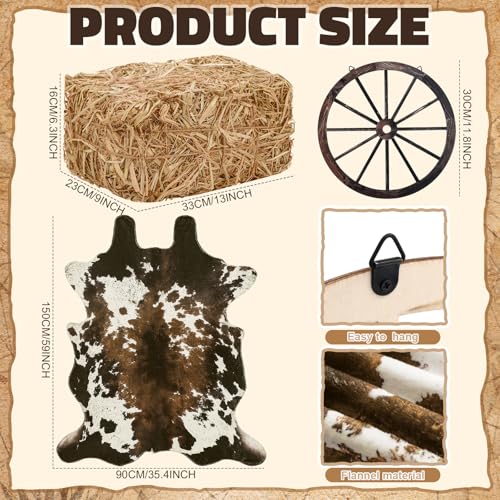 Hoteam 3 Pcs Western Cowboy Party Decor Straw Hay Bale Stack Wooden Wagon Wheel Cowhide Rug Wild West Cowboy Backdrop Supplies for Western Birthday Photo Booth Props Cowgirl Farm Accessories