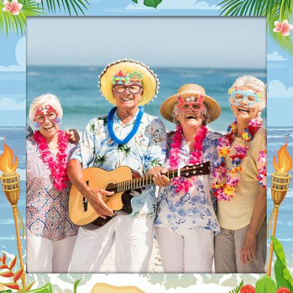 Jenaai Hawaiian Photo Booth Props Kit Luau Party Decorations 1 Hawaiian Photo Booth Frame 16 Summer Paper Eyeglasses Pool Party Selfie Props for Tropical Hawaii Luau Beach Tiki Decoration Supplies