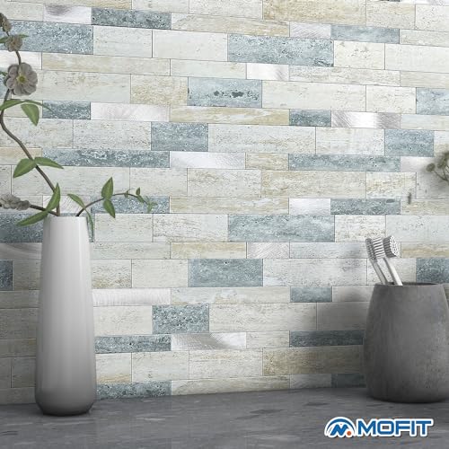 MOFIT Backsplash Tile for Kitchen Peel and Stick Stone Matte Finish,Bathroom Tiles Stickers 3D Wall Panel Linear Mosaic Marble Backsplash Waterproof(5sheets,Blue Green Gray) - color: Blue Green Gray, size: 5sheets